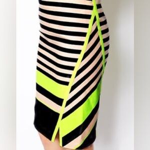 Ted Baker Neon Yellow and Black Striped Pencil Skirt